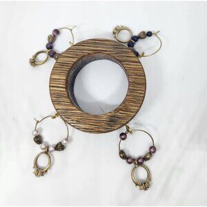 Wedding Ring Themed Wine Glass Charms Set - 4 Unique Charms With Beads & Wood Ho